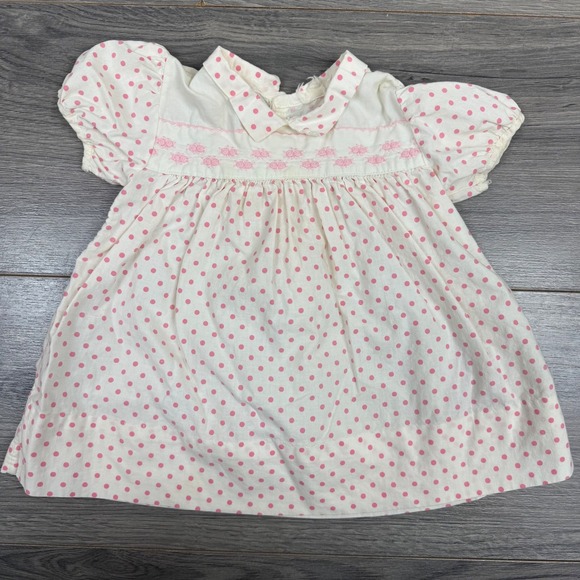 Other - Vintage Baby Dress 3–6M Pink Polka Dot Puff Sleeve Embroidered 70s 80s Heirloom